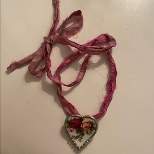 Floral Heart China Pendant Necklace with Pink Sari Ribbon